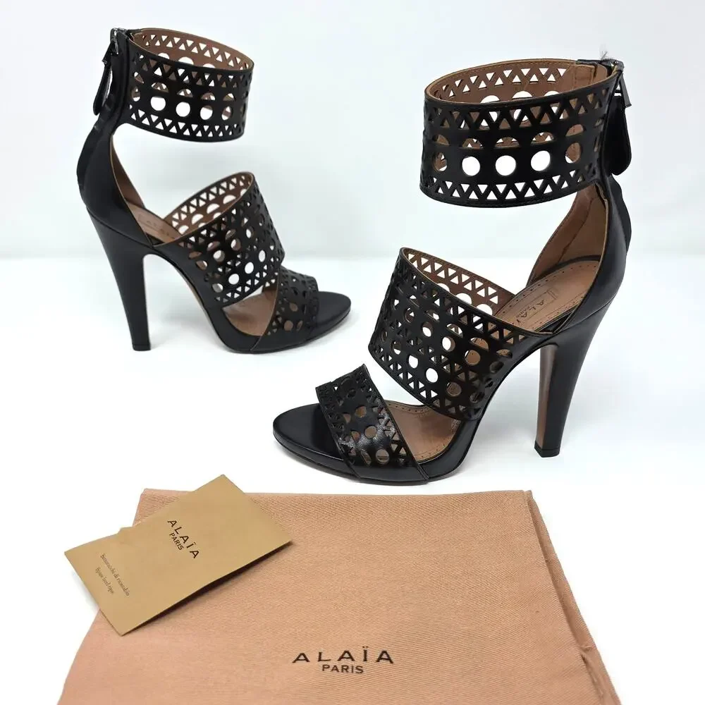 Alaia Black Caged Gladiator Sandal Heels Laser Cut Cutout Leather US 7.5 EU 37.5